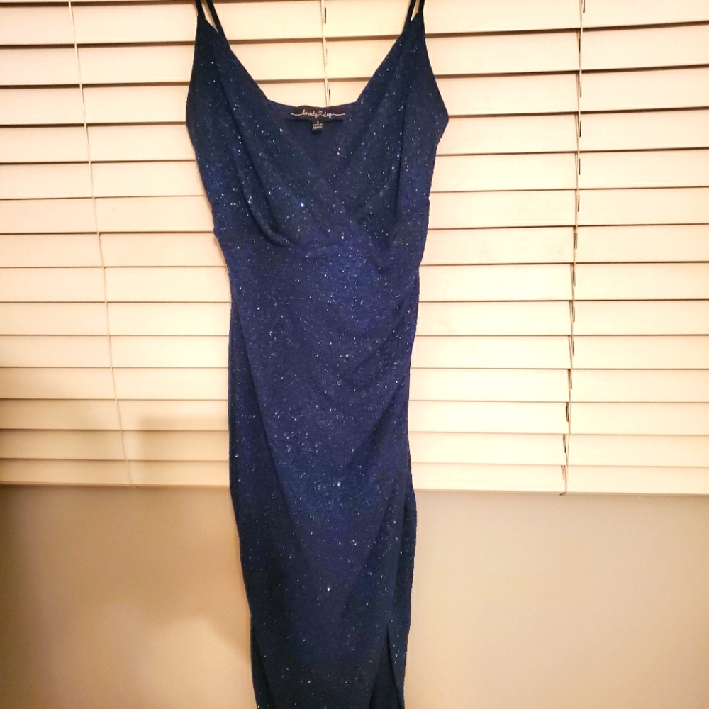 Honey Lovely Day Elegant Navy Blue Sparkle Spaghetti Strap Dress